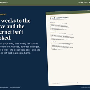 May include: A digital printable checklist titled 8-week countdown (1 of 2) for moving, featuring tasks for 8, 6, and 4 weeks out. The document has a dark blue background with white text, including the heading Six weeks to the move.