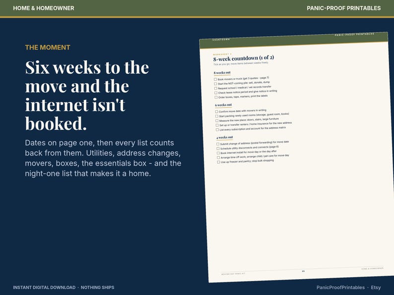 May include: A digital printable checklist titled 8-week countdown (1 of 2) for moving, featuring tasks for 8, 6, and 4 weeks out. The document has a dark blue background with white text, including the heading Six weeks to the move.