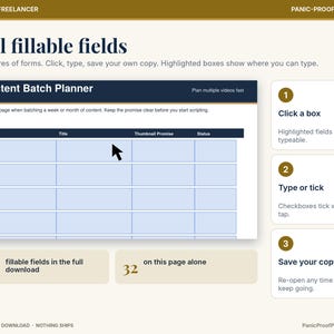 May include: A digital content batch planner template with fillable fields. The interface features a table with columns for Idea, Title, Thumbnail Promise, and Status. Text includes Real fillable fields, 306 fillable fields, and 32 on this page.