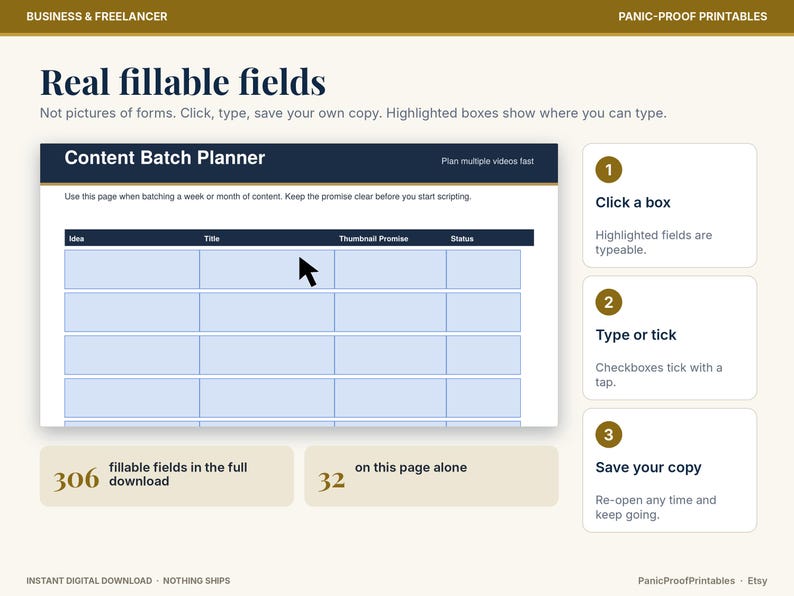 May include: A digital content batch planner template with fillable fields. The interface features a table with columns for Idea, Title, Thumbnail Promise, and Status. Text includes Real fillable fields, 306 fillable fields, and 32 on this page.