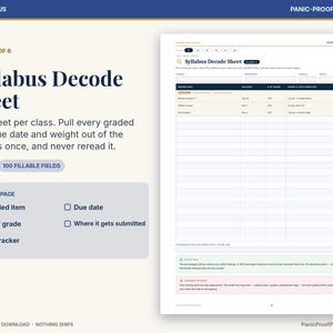 Puede incluir: Una p&aacute;gina de planificador digital Syllabus Decode Sheet que presenta una tabla con columnas para elementos calificados, fechas de entrega, porcentaje de la nota, lugar de entrega y un rastreador de tareas.