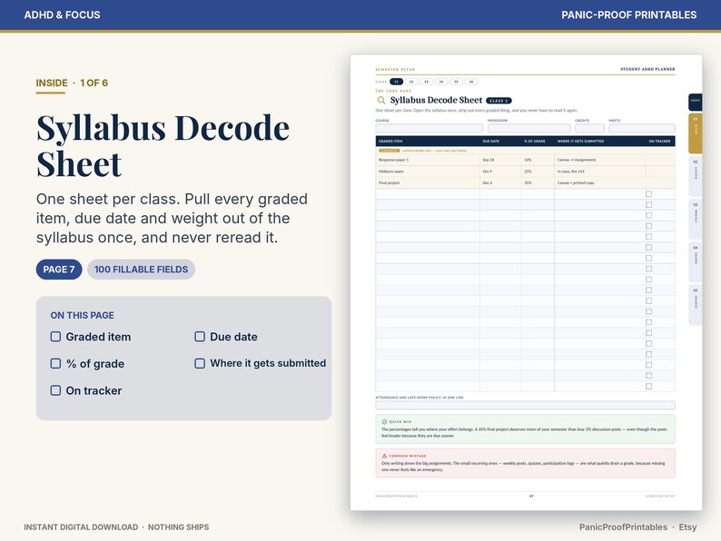 Puede incluir: Una p&aacute;gina de planificador digital Syllabus Decode Sheet que presenta una tabla con columnas para elementos calificados, fechas de entrega, porcentaje de la nota, lugar de entrega y un rastreador de tareas.