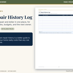 Puede incluir: Una p&aacute;gina digital imprimible de registro de historial de reparaciones con una tabla de encabezado azul oscuro con columnas para fecha, reparaci&oacute;n, costo, categor&iacute;a y garant&iacute;a. El texto incluye Repair History Log y 66 fillable fields.