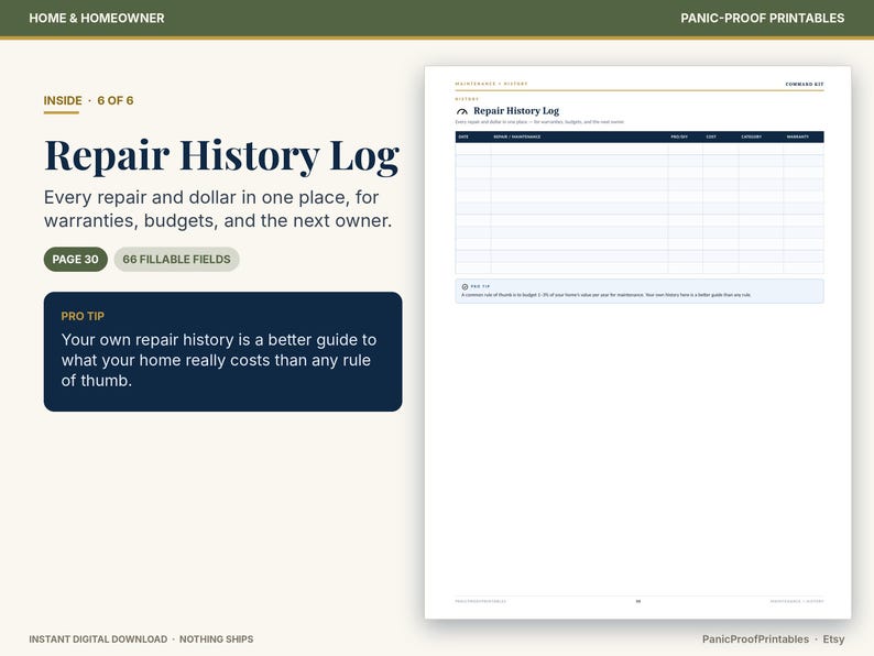 Puede incluir: Una p&aacute;gina digital imprimible de registro de historial de reparaciones con una tabla de encabezado azul oscuro con columnas para fecha, reparaci&oacute;n, costo, categor&iacute;a y garant&iacute;a. El texto incluye Repair History Log y 66 fillable fields.
