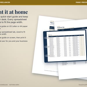 May include: A digital business and freelancer spreadsheet template titled Panic-Proof Printables. The document features an expense log and income log with columns for date, description, category, and amount, displayed on white paper sheets.