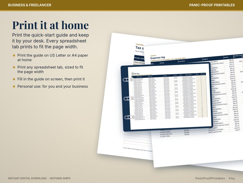 May include: A digital business and freelancer spreadsheet template titled Panic-Proof Printables. The document features an expense log and income log with columns for date, description, category, and amount, displayed on white paper sheets.
