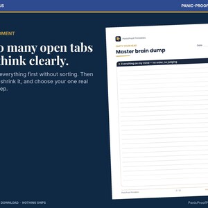 Puede incluir: Una p&aacute;gina digital imprimible titulada Master brain dump con una l&iacute;nea de fecha y una gran &aacute;rea rayada para notas. El texto dice: Too many open tabs to think clearly. Dump everything first without sorting. Then sort it, shrink it, and choose your one real next step.