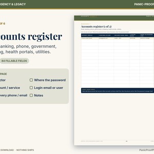 May include: A digital printable accounts register page featuring a table with columns for account service, login email, recovery phone, 2-factor design, password location, and notes. The document includes 84 fillable fields for organizing email, banking, phone, government, shopping, health, and utility information.