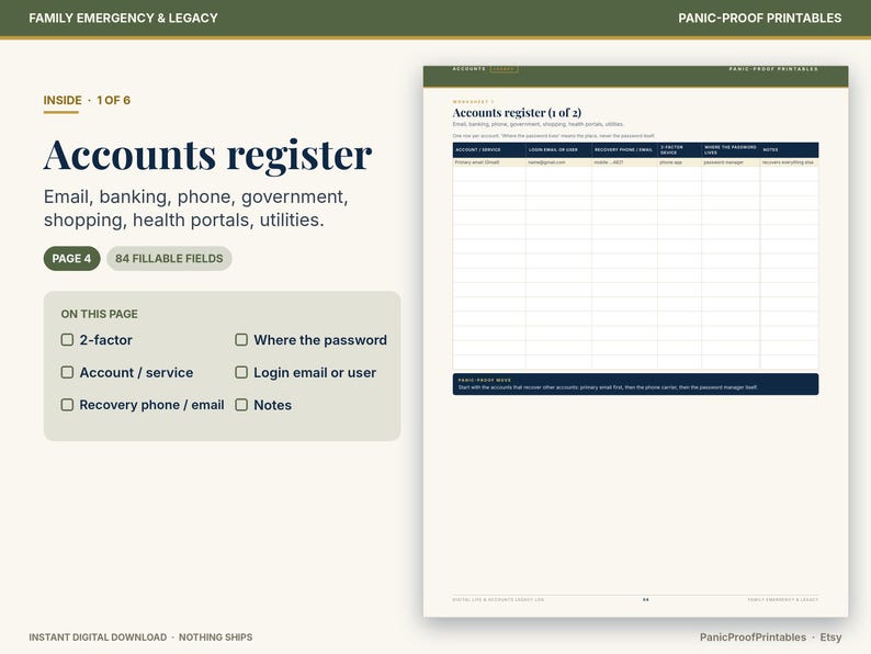 May include: A digital printable accounts register page featuring a table with columns for account service, login email, recovery phone, 2-factor design, password location, and notes. The document includes 84 fillable fields for organizing email, banking, phone, government, shopping, health, and utility information.
