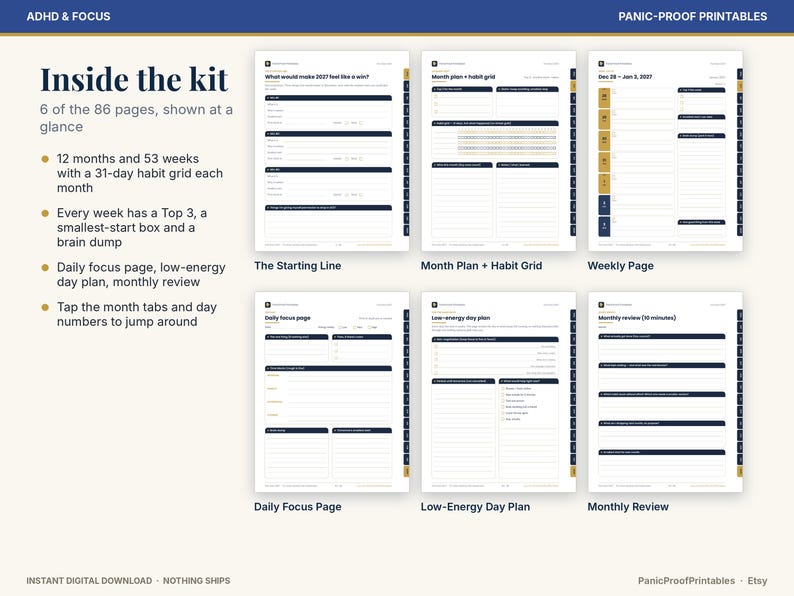 May include: A digital planner kit featuring six page layouts including The Starting Line, Month Plan + Habit Grid, Weekly Page, Daily Focus Page, Low-Energy Day Plan, and Monthly Review. The pages have dark blue headers and text.