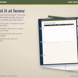 May include: A digital printable home inventory document titled High-value items schedule, displayed in a dark blue binder. The page features a grid layout for tracking item details, with text instructions for home printing on US Letter or A4 paper.