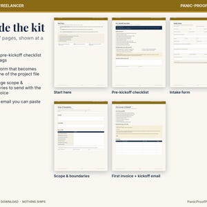 May include: A digital business and freelancer kit featuring five printable pages: a start here guide, a pre-kickoff checklist, an intake form, a scope and boundaries document, and a first invoice with a kickoff email template, all displayed on a light background.