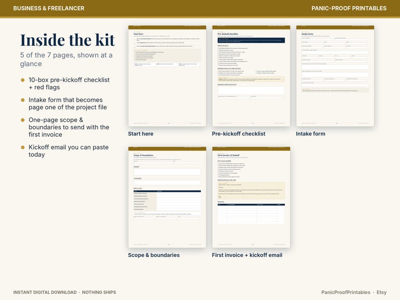May include: A digital business and freelancer kit featuring five printable pages: a start here guide, a pre-kickoff checklist, an intake form, a scope and boundaries document, and a first invoice with a kickoff email template, all displayed on a light background.