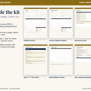 May include: A digital business and freelancer kit featuring six printable pages including a fillable invoice, blank invoice master, payment terms, chase emails, receivables tracker, and a non-payment playbook with dark blue and gold accents.