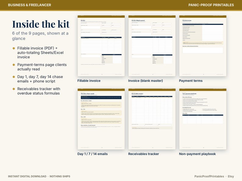 May include: A digital business and freelancer kit featuring six printable pages including a fillable invoice, blank invoice master, payment terms, chase emails, receivables tracker, and a non-payment playbook with dark blue and gold accents.