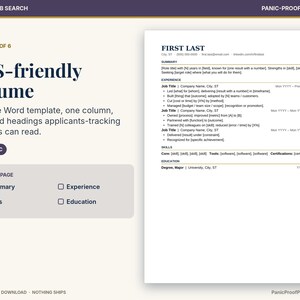 May include: An ATS-friendly resume template in a Word document format. The layout features a single column with standard headings including Summary, Experience, Skills, and Education. The text is dark blue on a white background with placeholders.