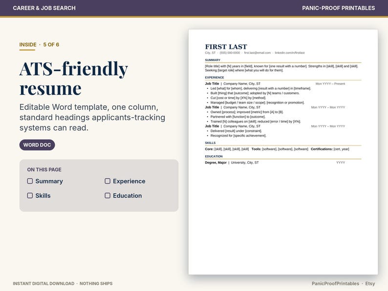 May include: An ATS-friendly resume template in a Word document format. The layout features a single column with standard headings including Summary, Experience, Skills, and Education. The text is dark blue on a white background with placeholders.