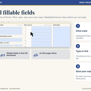 May include: A digital planner interface titled ADHD & FOCUS and PANIC-PROOF PRINTABLES featuring real fillable fields. The layout includes instructions to click, type, and save, with 22,140 total fillable fields and 46 on this page alone.