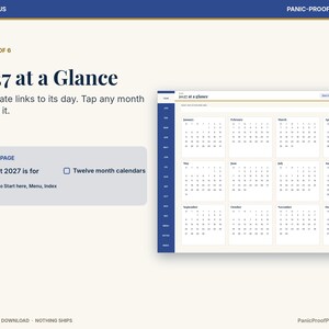 May include: A digital 2027 calendar planner page titled 2027 at a Glance, featuring a twelve-month grid layout with interactive links. The interface includes a blue sidebar, navigation tabs, and text instructions for ADHD and focus management.