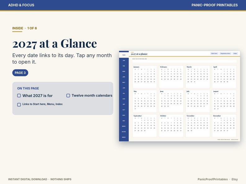 May include: A digital 2027 calendar planner page titled 2027 at a Glance, featuring a twelve-month grid layout with interactive links. The interface includes a blue sidebar, navigation tabs, and text instructions for ADHD and focus management.