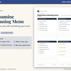 May include: A digital Dopamine Cleaning Menu printable page featuring four sections: While I clean I will, When I stop I get, Rules I'm allowed to break, and My tiers. The document includes checkboxes and fillable lines for task management.