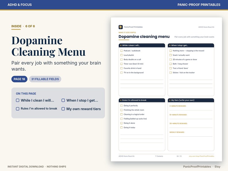 May include: A digital Dopamine Cleaning Menu printable page featuring four sections: While I clean I will, When I stop I get, Rules I'm allowed to break, and My tiers. The document includes checkboxes and fillable lines for task management.