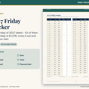 May include: A 2027 Friday tracker printable page featuring a table with 53 rows for dates, planned amounts, running totals, and checkboxes. The document includes text headers, a section for fillable fields, and a column for deposit tracking.