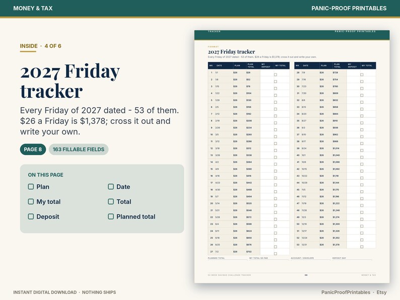May include: A 2027 Friday tracker printable page featuring a table with 53 rows for dates, planned amounts, running totals, and checkboxes. The document includes text headers, a section for fillable fields, and a column for deposit tracking.