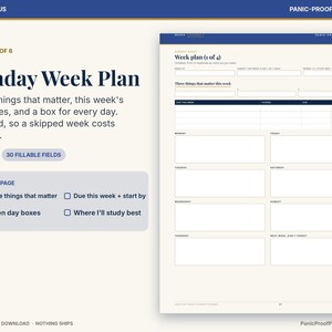 以下が含まれることがあります： デジタル印刷可能なSunday Week Planページ。週ごとの目標、締め切り、日々のタスクを記入できるフィールドを備えた構造化されたレイアウトで、3つの優先事項と7つの曜日ボックスのセクションが含まれています。