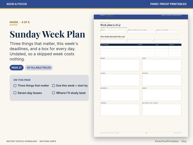 以下が含まれることがあります： デジタル印刷可能なSunday Week Planページ。週ごとの目標、締め切り、日々のタスクを記入できるフィールドを備えた構造化されたレイアウトで、3つの優先事項と7つの曜日ボックスのセクションが含まれています。