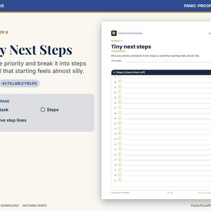 Puede incluir: Una p&aacute;gina de planificador digital imprimible titulada Tiny Next Steps con un encabezado azul oscuro, una l&iacute;nea de tarea y una lista de verificaci&oacute;n numerada de veintiuna filas para dividir prioridades en acciones peque&ntilde;as.