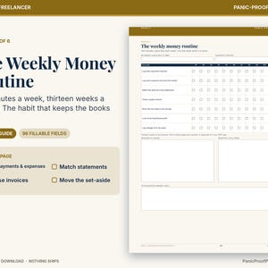 May include: A digital printable page titled The Weekly Money Routine, featuring a grid for tracking financial tasks over thirteen weeks. It includes sections for logging payments, expenses, and invoices, with ninety-six fillable fields.