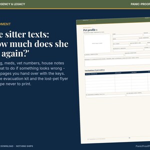 May include: A printable pet profile worksheet with fields for name, breed, age, color, markings, vet contact, and vaccination records. The document features a dark blue background with white text, including the heading 'The sitter texts: How much does she eat again?' and the title 'Pet profile 1' at the top of the form.