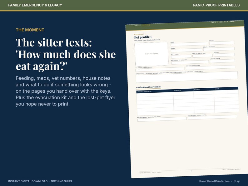 May include: A printable pet profile worksheet with fields for name, breed, age, color, markings, vet contact, and vaccination records. The document features a dark blue background with white text, including the heading 'The sitter texts: How much does she eat again?' and the title 'Pet profile 1' at the top of the form.