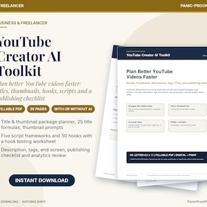 May include: A digital YouTube Creator AI Toolkit document featuring 39 pages of fillable PDF templates. The text includes Plan Better YouTube Videos Faster, title and thumbnail package planners, script frameworks, and a publishing checklist in US Letter 8.5 x 11 size.