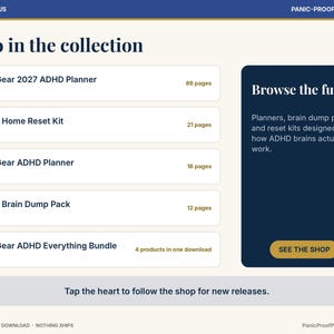 May include: A digital product list titled Also in the collection featuring First Gear 2027 ADHD Planner, ADHD Home Reset Kit, First Gear ADHD Planner, ADHD Brain Dump Pack, and First Gear ADHD Everything Bundle with a dark blue sidebar.