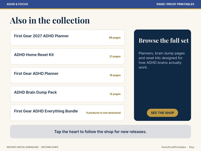 May include: A digital product list titled Also in the collection featuring First Gear 2027 ADHD Planner, ADHD Home Reset Kit, First Gear ADHD Planner, ADHD Brain Dump Pack, and First Gear ADHD Everything Bundle with a dark blue sidebar.