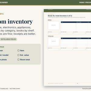 May include: A room inventory printable worksheet featuring sections for kitchen and living room items. The document includes columns for item, brand, model, quantity, and estimated value, with 56 fillable fields for home organization.