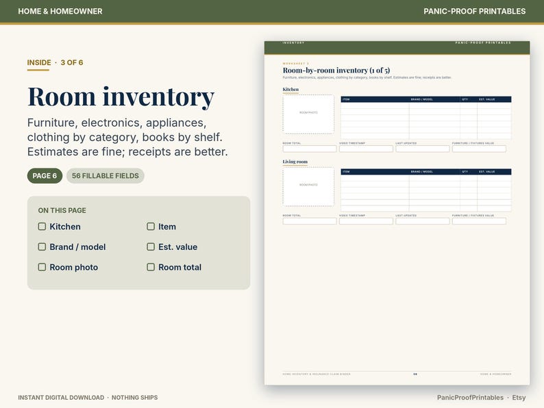 May include: A room inventory printable worksheet featuring sections for kitchen and living room items. The document includes columns for item, brand, model, quantity, and estimated value, with 56 fillable fields for home organization.