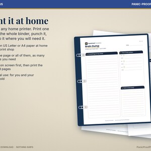 May include: A digital planner page titled Brain Dump with sections for Everything on my mind, Turn it into action, and Park it (not now). The page is held in a dark blue binder with three silver rings against a light beige background.