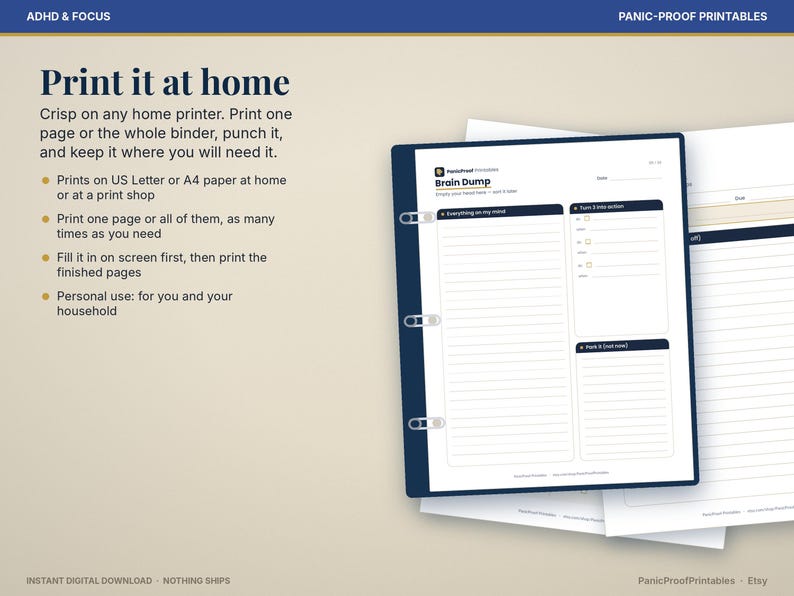 May include: A digital planner page titled Brain Dump with sections for Everything on my mind, Turn it into action, and Park it (not now). The page is held in a dark blue binder with three silver rings against a light beige background.