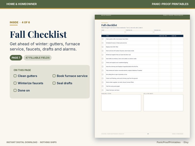 Checklista för säsongsunderhåll av hemmet, ifyllbar PDF, 56 uppgifter, månadskalender (digital nedladdning) bild 8