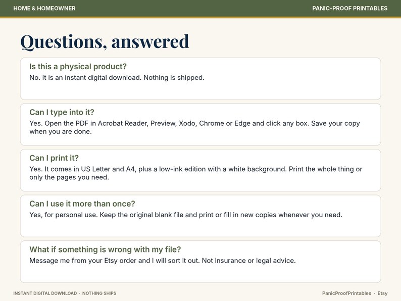 May include: A digital informational graphic titled Questions, answered with a dark green header and cream background. It lists five frequently asked questions and answers regarding digital downloads, PDF editing, printing, personal use, and support.