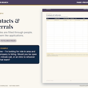May include: A printable career and job search worksheet titled Contacts & referrals. The page includes a table with columns for name, company, role, how you know them, reached on, and notes. It features a worked example text box.