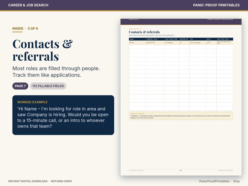 May include: A printable career and job search worksheet titled Contacts & referrals. The page includes a table with columns for name, company, role, how you know them, reached on, and notes. It features a worked example text box.