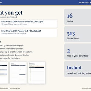 May include: A digital ADHD planner set featuring 16 pages and 513 fillable fields. Includes two PDF files in US Letter and A4 sizes. Contents include a quick-start guide, daily and weekly planners, brain dump, habit tracker, and mood tracker.