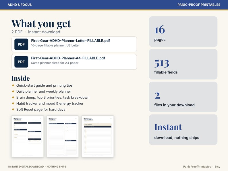 May include: A digital ADHD planner set featuring 16 pages and 513 fillable fields. Includes two PDF files in US Letter and A4 sizes. Contents include a quick-start guide, daily and weekly planners, brain dump, habit tracker, and mood tracker.