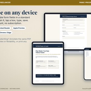May include: A digital planner set for YouTube creators displayed on a laptop, tablet, and smartphone. The text reads Type on any device, Panic-Proof Printables, YouTube Creator AI Toolkit, and US Letter 8.5 x 11 Fillable PDF Digital Print.