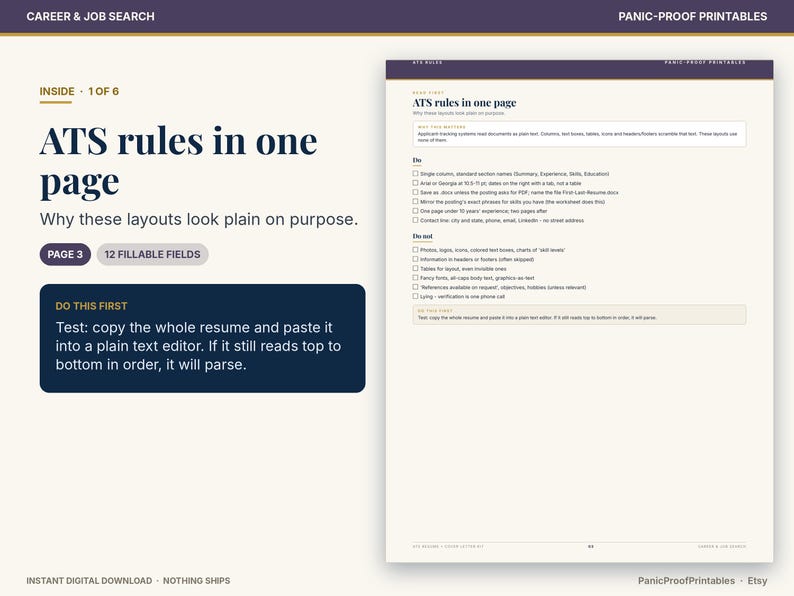 May include: A digital document titled ATS rules in one page, featuring a guide on resume formatting. The text includes sections labeled Do and Do not, with bulleted lists explaining applicant tracking system compatibility and layout advice.