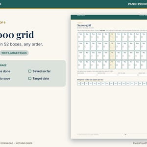 May include: A digital savings tracker page titled $1,000 grid with 52 boxes to color in. The layout includes sections for boxes done, saved so far, left to save, and target date, with a progress bar at the bottom for tracking $20 increments.